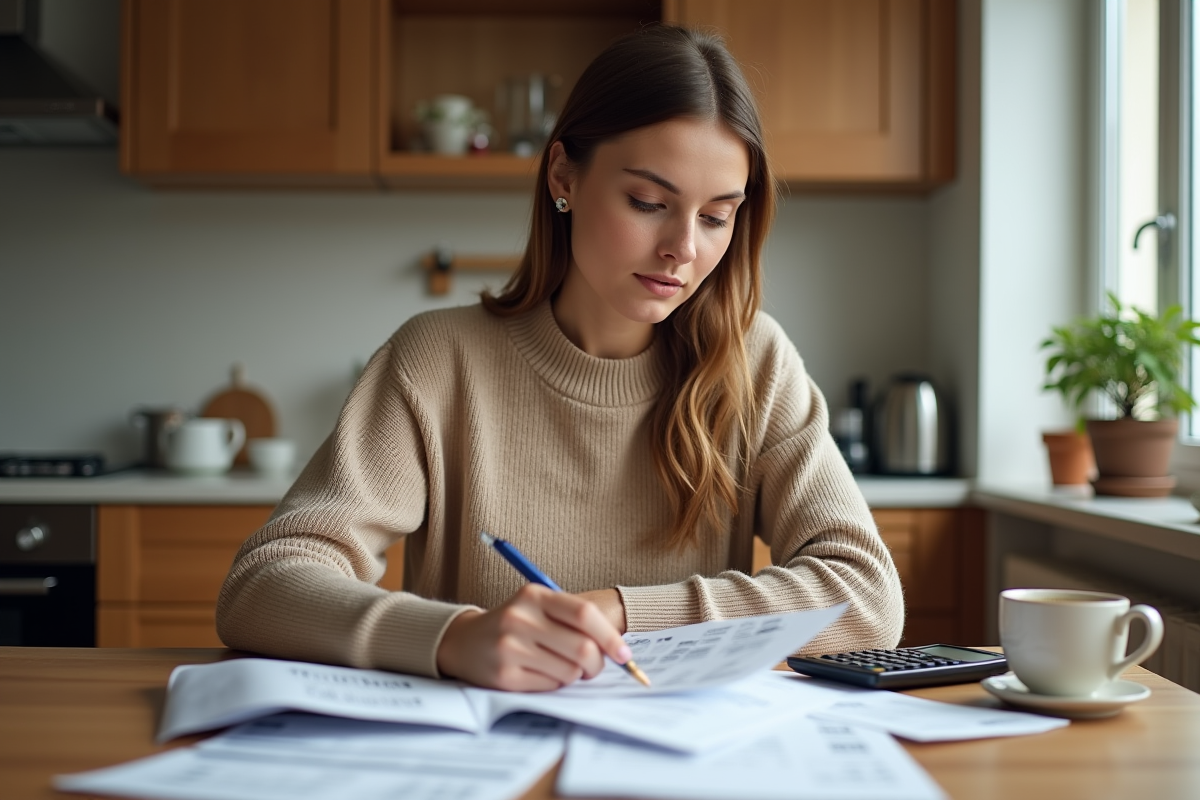 Femme calculant ses dépenses dans une cuisine à la maison