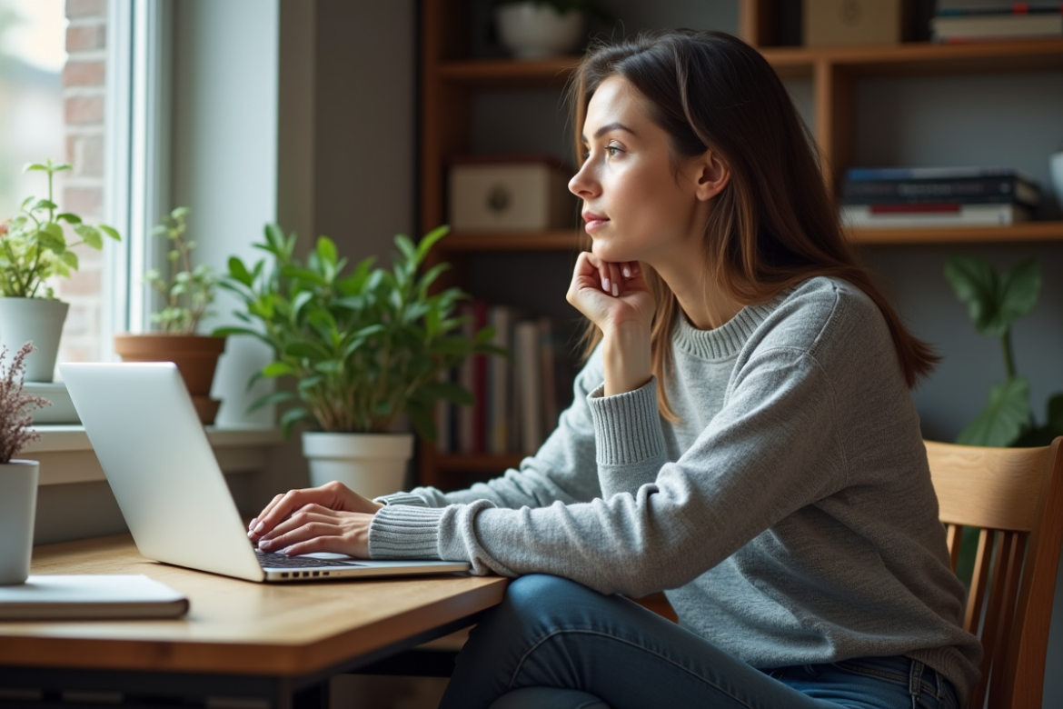 Femme contemplative dans un bureau cosy et lumineux