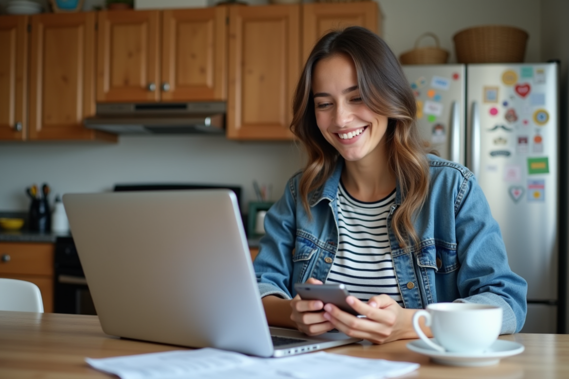 Jeune femme souriante avec smartphone dans la cuisine