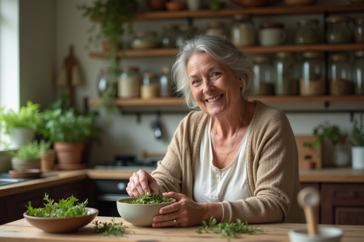 Femme récoltant des herbes médicinales dans sa cuisine chaleureuse