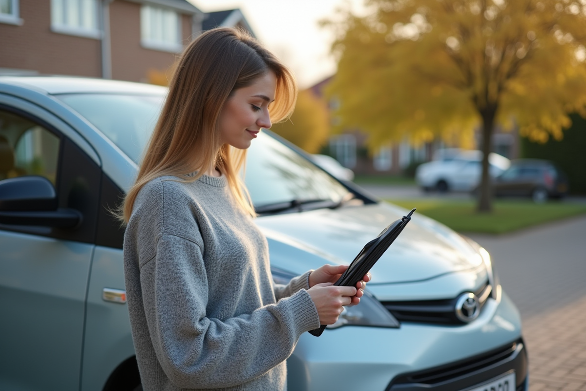 Femme examine essuie-glace sur voiture dans la rue