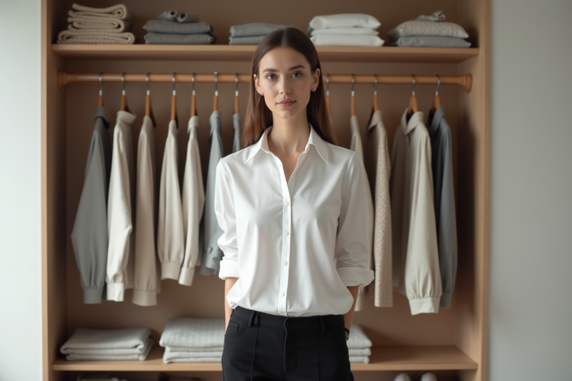 Femme en blanc dans une chambre moderne et organisée