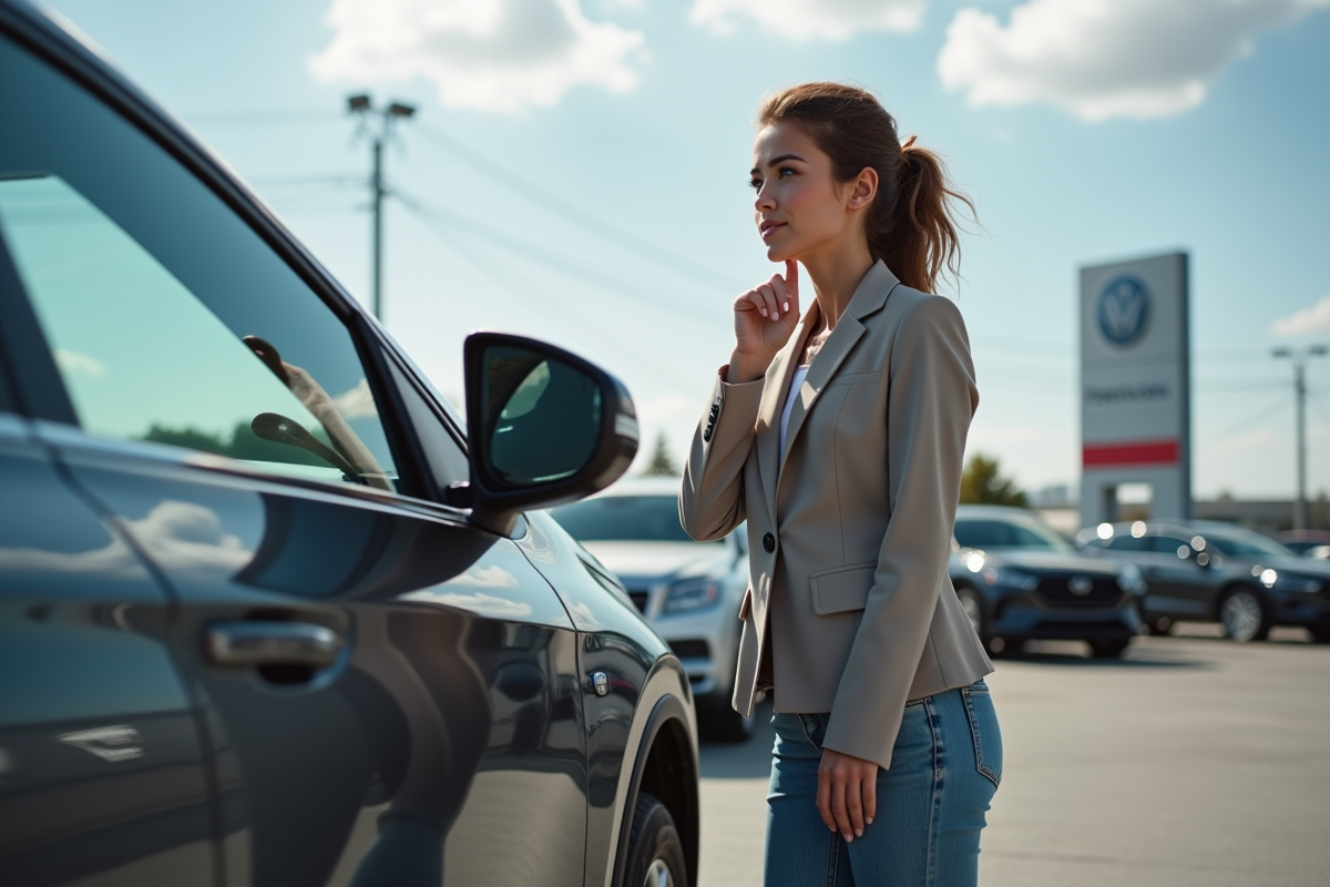 Jeune femme inspectant le prix d’un SUV en concession extérieure
