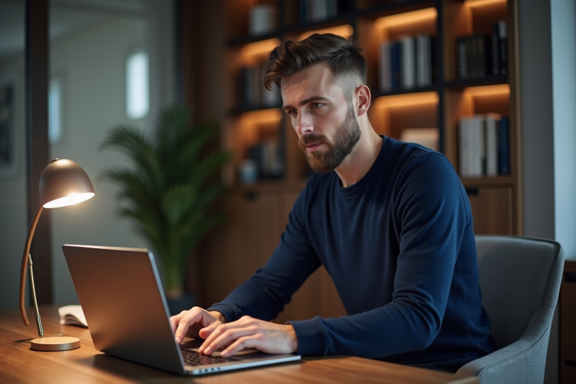 Homme sérieux utilisant un ordinateur avec un bouclier de confidentialité