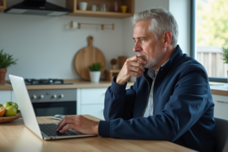 Homme en veste bleu compare essuie-glace sur ordinateur
