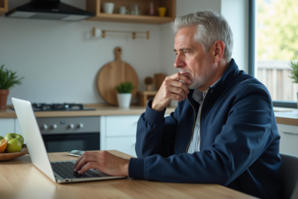 Homme en veste bleu compare essuie-glace sur ordinateur