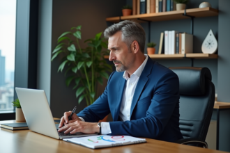 Homme d'affaires en costume bleu analysant un graphique financier