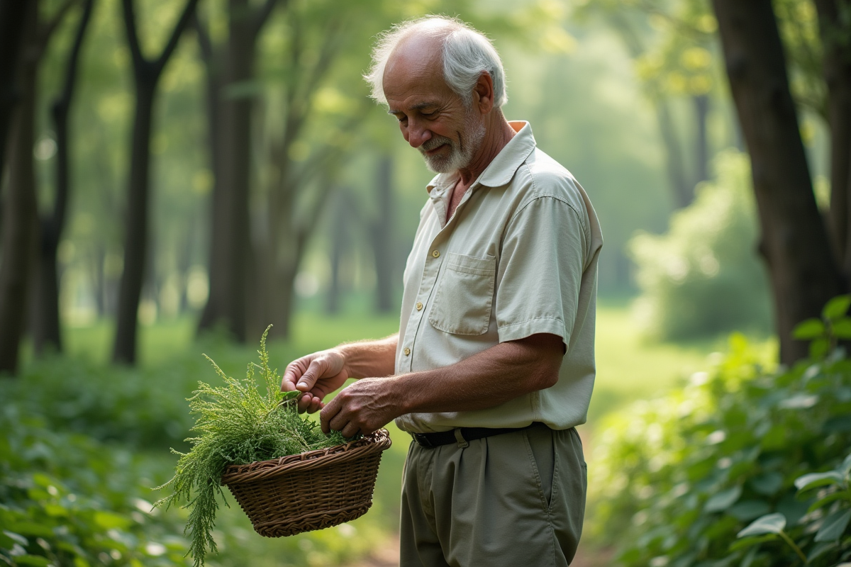 Homme cueillant des plantes médicinales en forêt