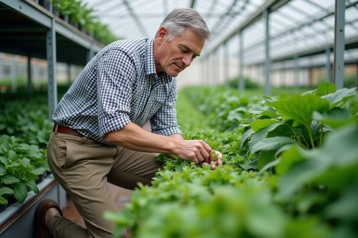 Homme prenant soin de plantes dans une serre verte