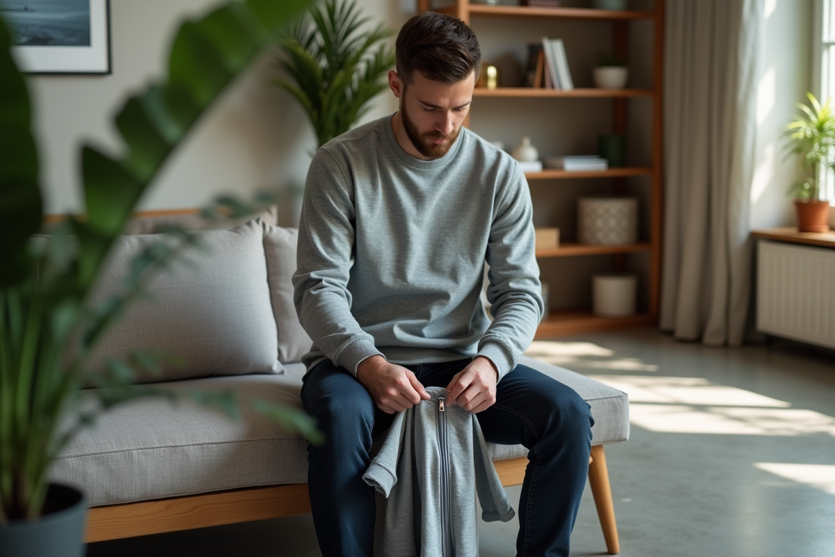 Homme pliant un t-shirt dans un salon lumineux et minimaliste