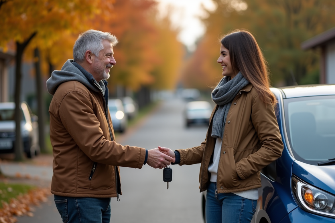 Homme souriant remettant des clés à une jeune femme devant une voiture