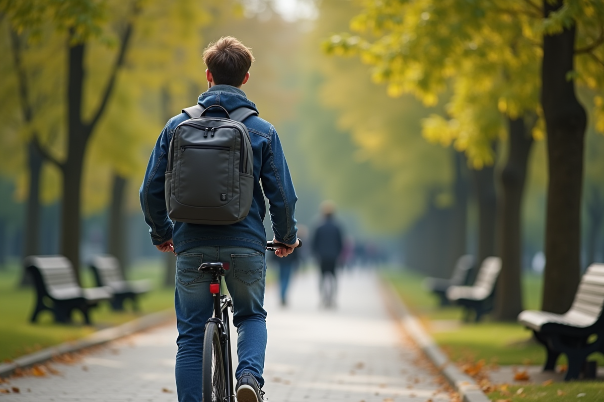 Jeune homme avec vélo dans un parc urbain en automne