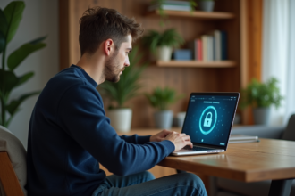 Jeune homme concentré sur son ordinateur portable à la maison