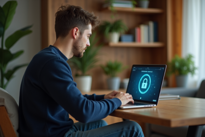 Jeune homme concentré sur son ordinateur portable à la maison