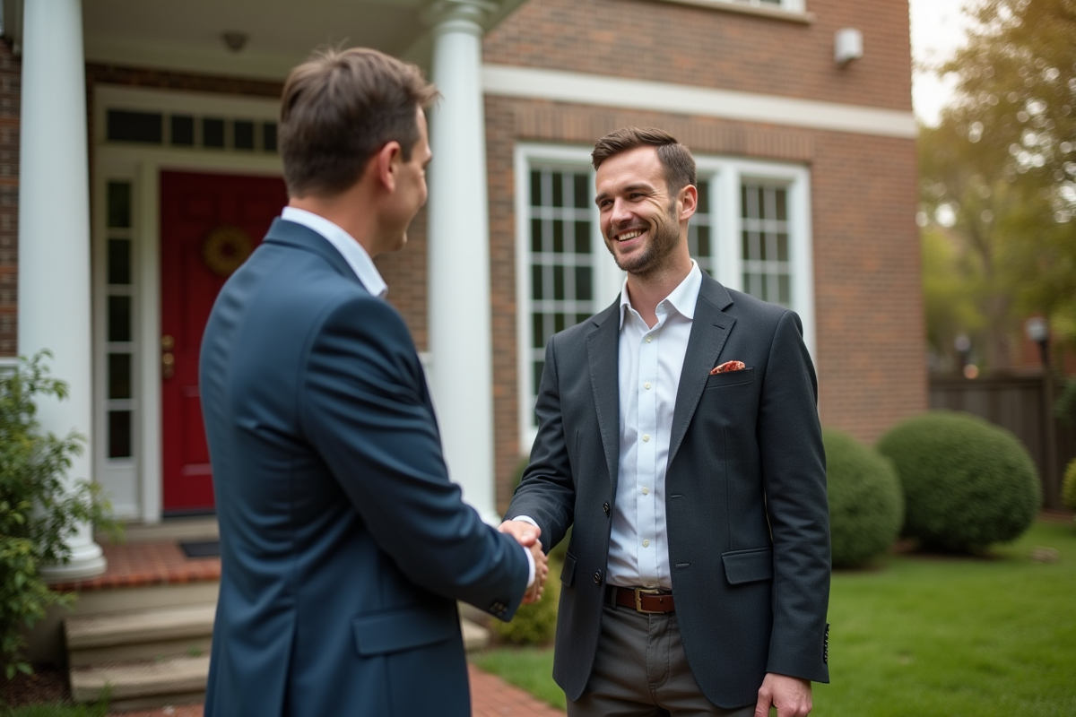 Agent immobilier serrant la main d’un propriétaire devant une maison