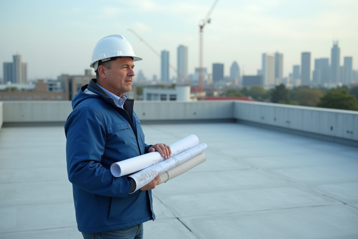 Superviseur de chantier sur toit étanche avec plans
