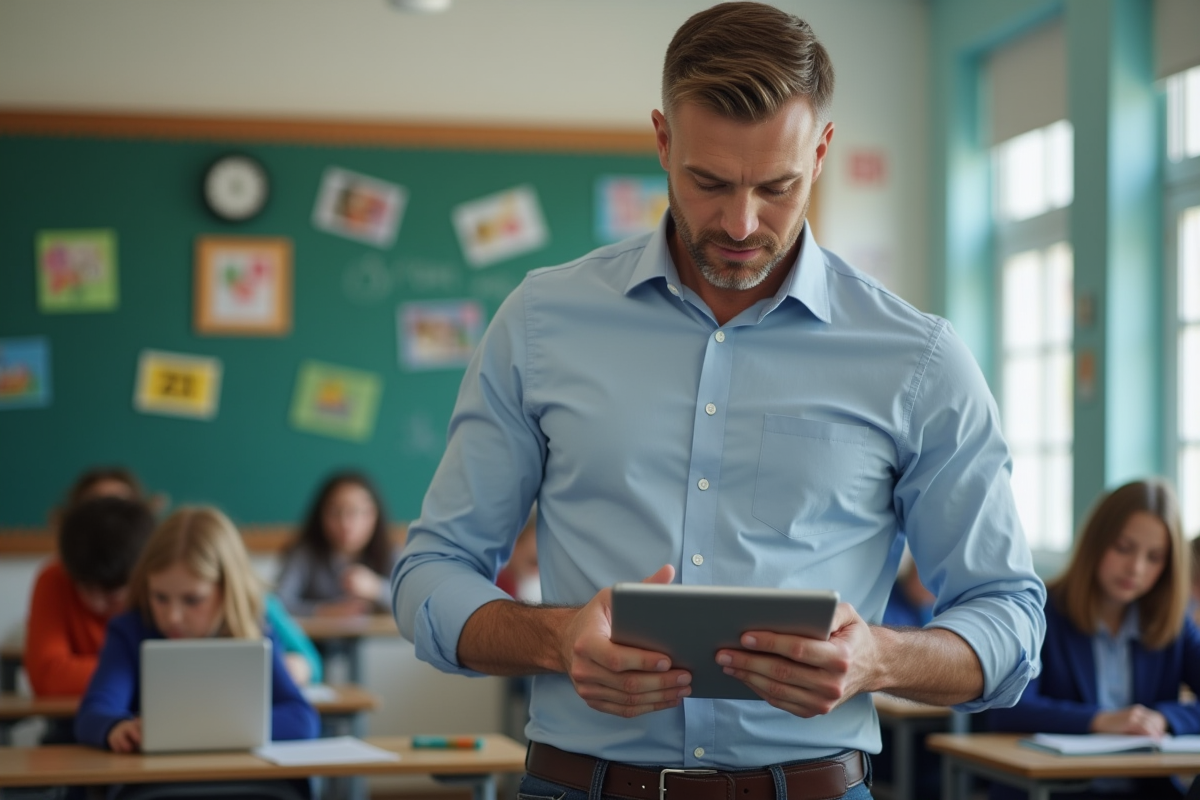 Enseignant vérifiant la présence avec une tablette en classe