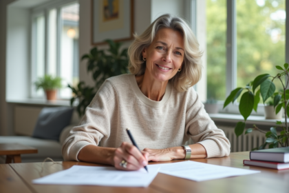 Femme française étudie documents d'impots dans un salon lumineux