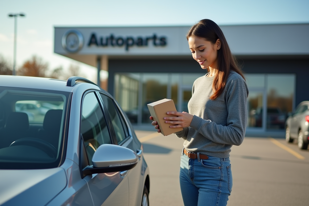Jeune femme examinant un filtre auto dans un parking ensoleille
