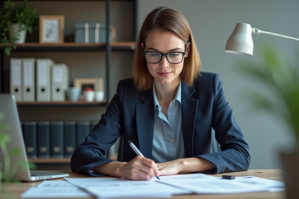 Femme en costume navy dans un bureau organisé