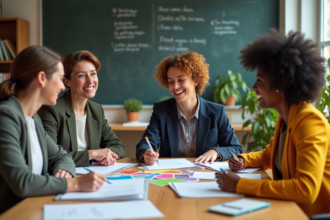 Groupe de formateurs adultes en discussion dans une salle moderne