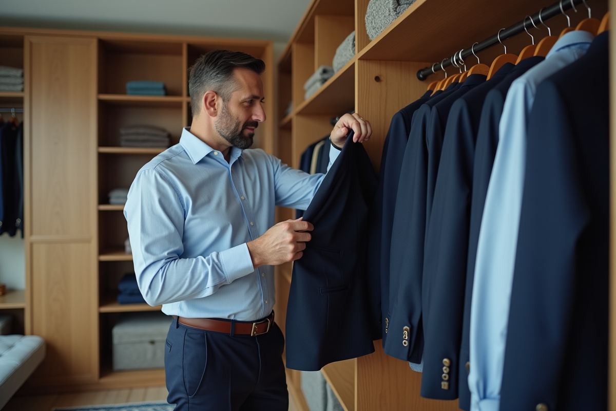 Homme choisissant un blazer dans un dressing ordonne