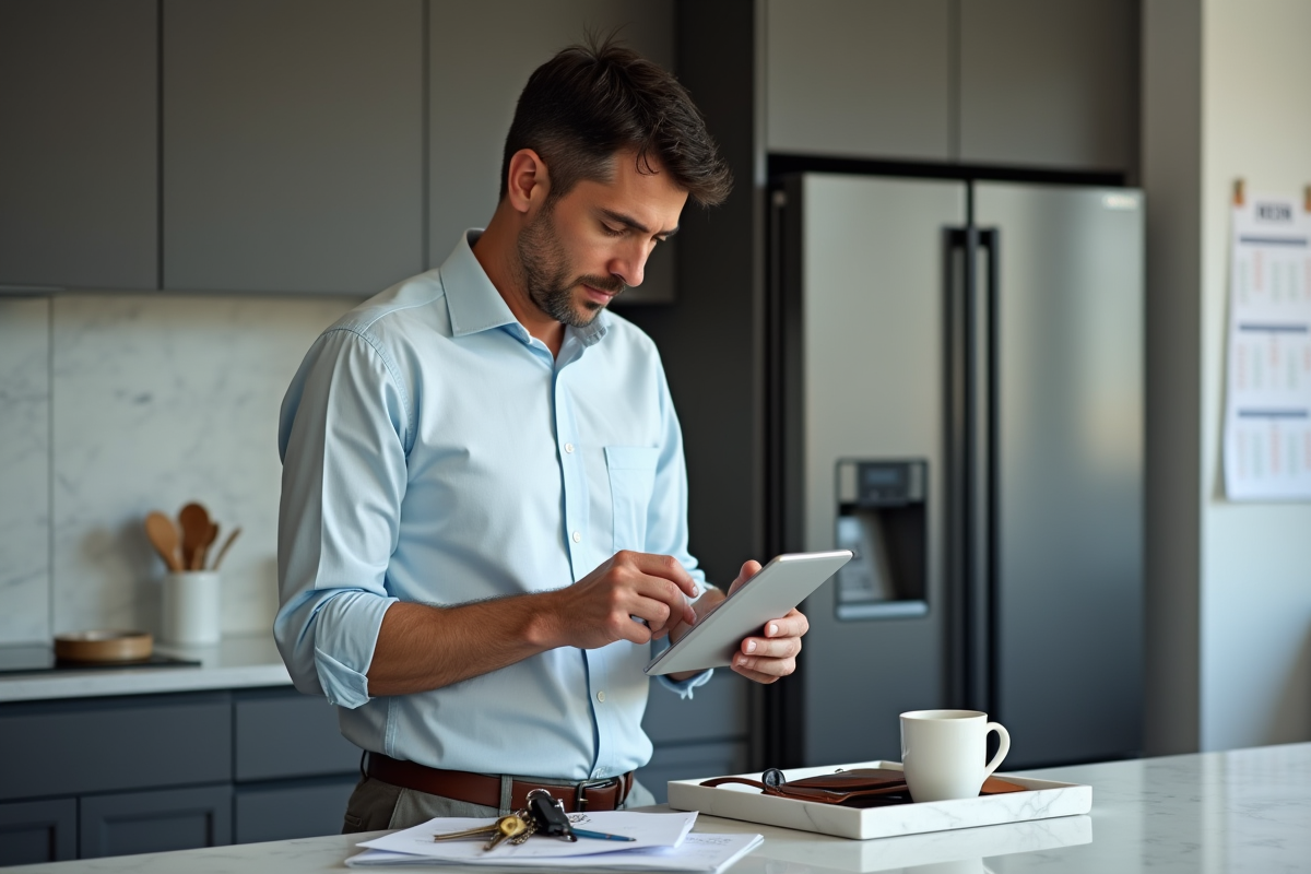 Homme vérifiant sa liste de tâches dans la cuisine moderne