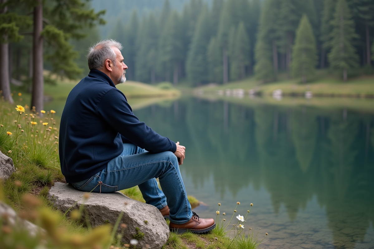 Homme méditant au bord d’un lac en forêt