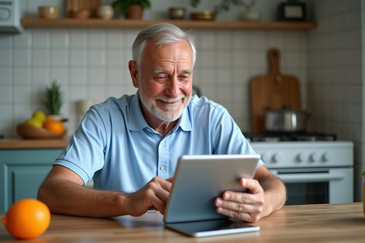 Homme âgé utilisant une tablette dans une cuisine lumineuse