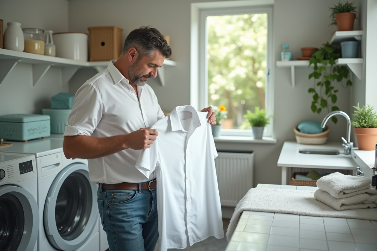 Homme inspectant un shirt blanc dans une laverie lumineuse