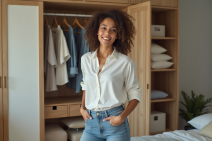 Jeune femme en chambre organisée triant des vêtements propres