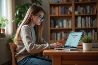 Jeune fille en jeans et pull studieuse sur son bureau