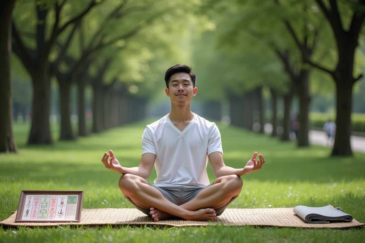 Jeune homme méditant dans un parc avec tapis et acupuncture