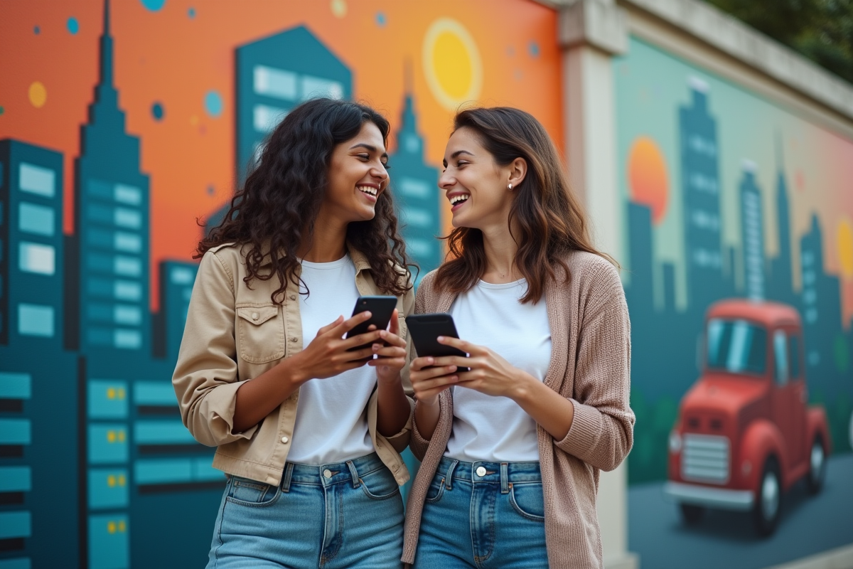 Jeunes adultes souriants devant un mur urbain avec graffiti technologique