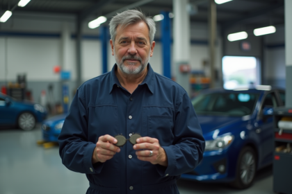 Mécanicien homme vérifiant un frein voiture dans l'atelier