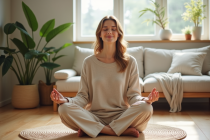 Femme méditant paisiblement dans un salon cosy