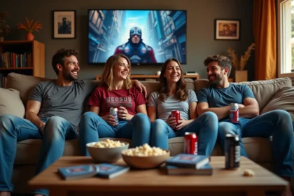 Groupe d'amis regardant un film Marvel à la maison