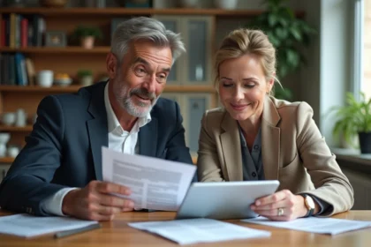 Couple d'adultes en intérieur étudiant des documents financiers