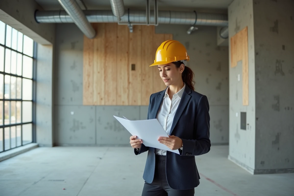 Ingénieure vérifiant des documents dans un bâtiment en rénovation