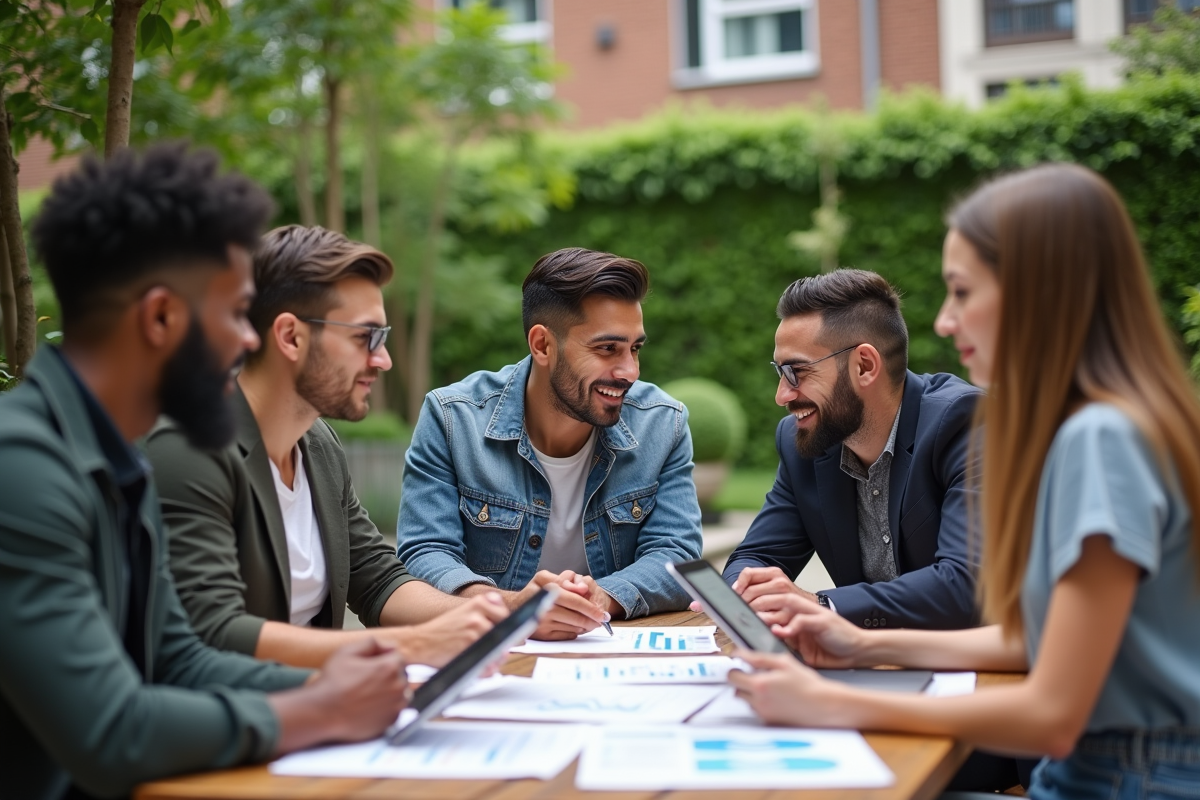 Groupe de jeunes professionnels collaborant en extérieur dans un cadre naturel