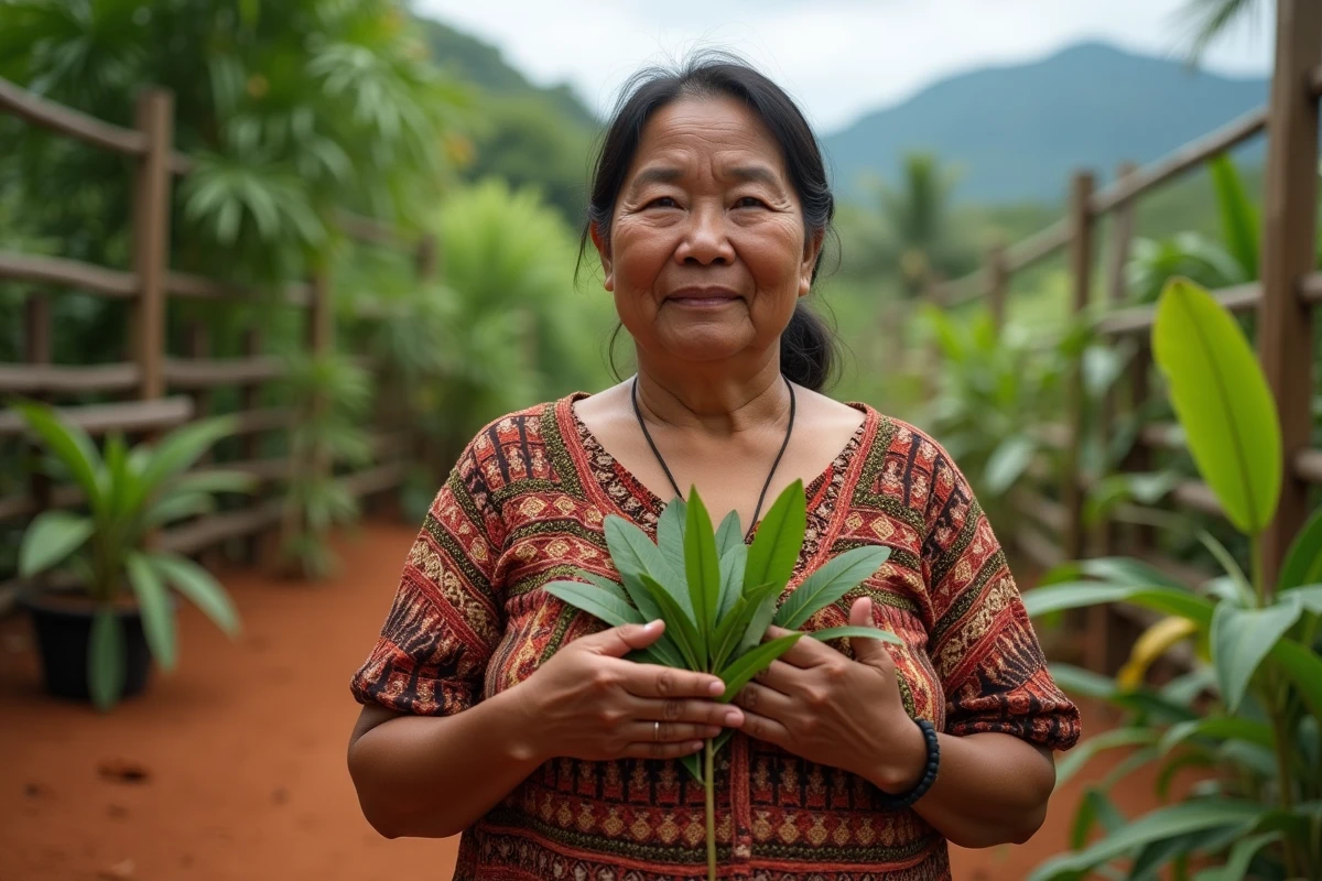 Femme kanak dans un jardin vert avec patchouli