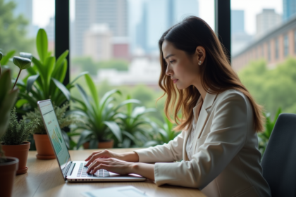 Femme professionnelle travaillant sur un ordinateur dans un bureau écologique