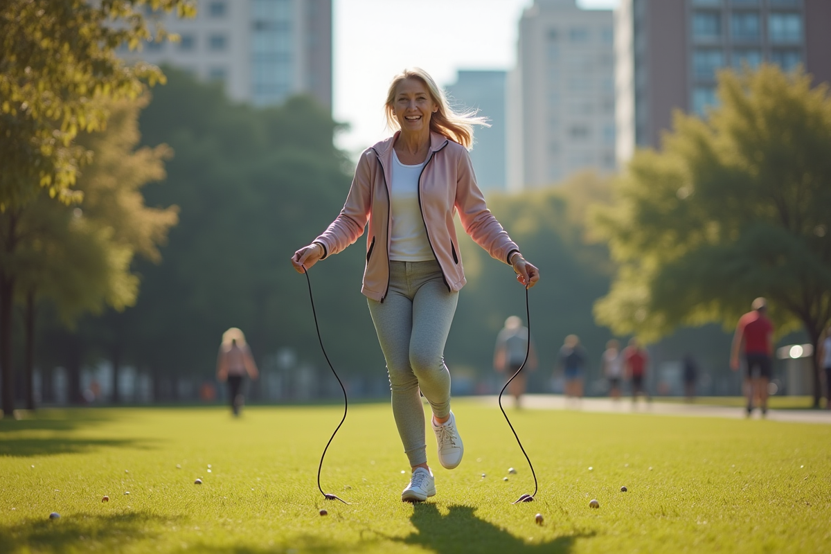 Femme sautant à la corde dans un parc urbain ensoleille