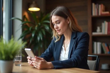 Femme en blazer navy dans un café moderne et cosy