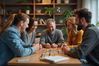 Groupe d'adultes jouant à un jeu de société dans un salon convivial