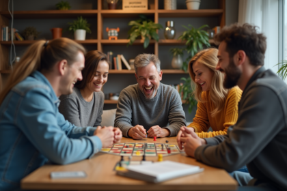 Groupe d'adultes jouant à un jeu de société dans un salon convivial
