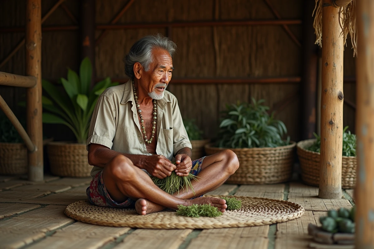 Homme kanak tissant des feuilles de patchouli dans une case