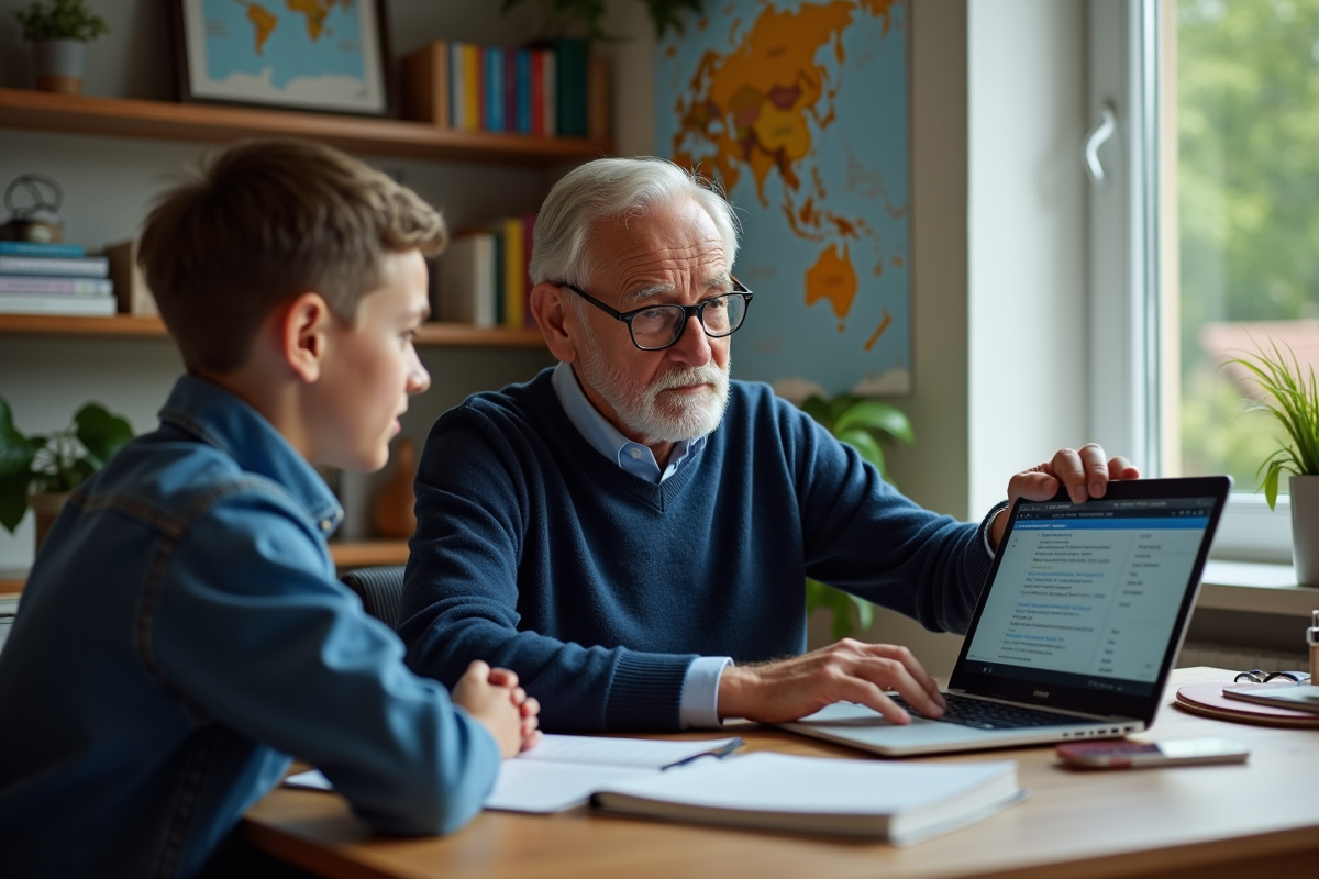 Homme plus âgé expliquant une traduction à un jeune garçon