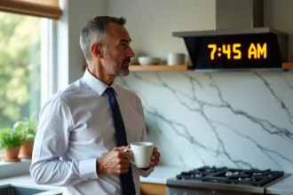Homme d'âge moyen dans une cuisine moderne en matinée