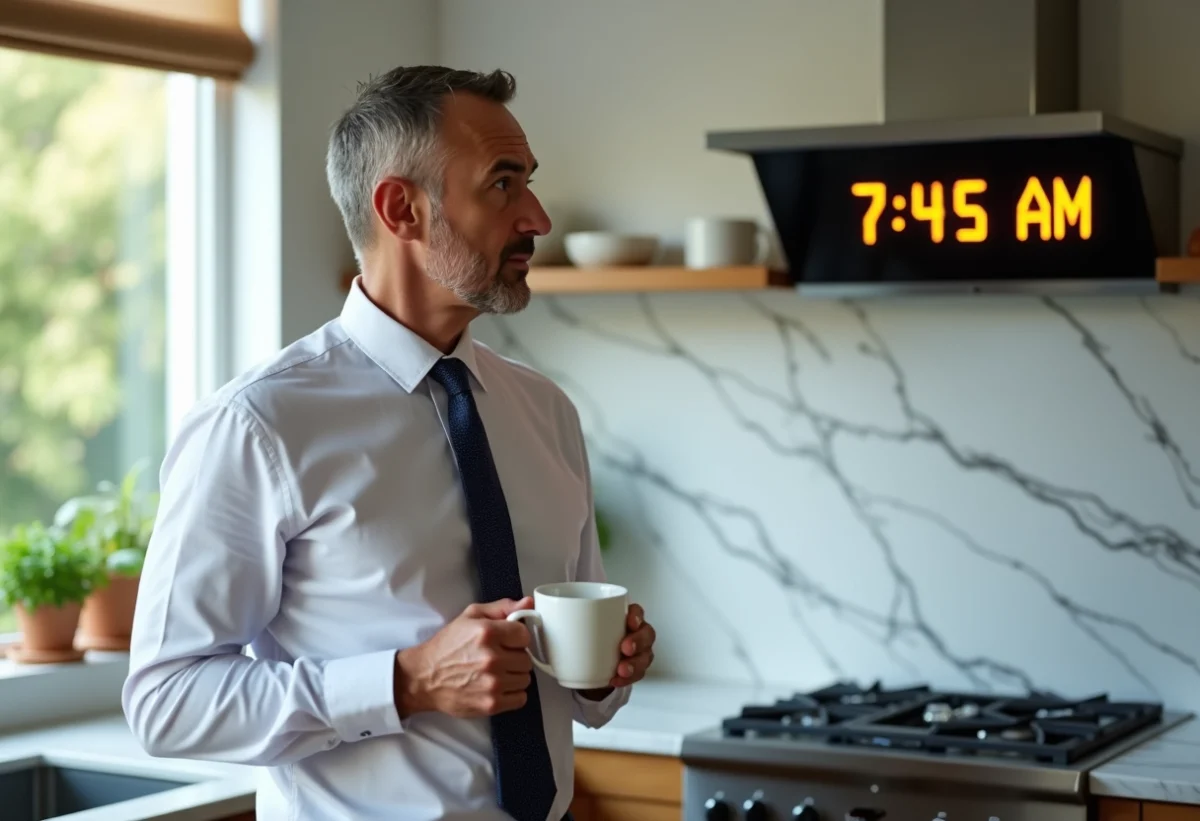 Homme d'âge moyen dans une cuisine moderne en matinée